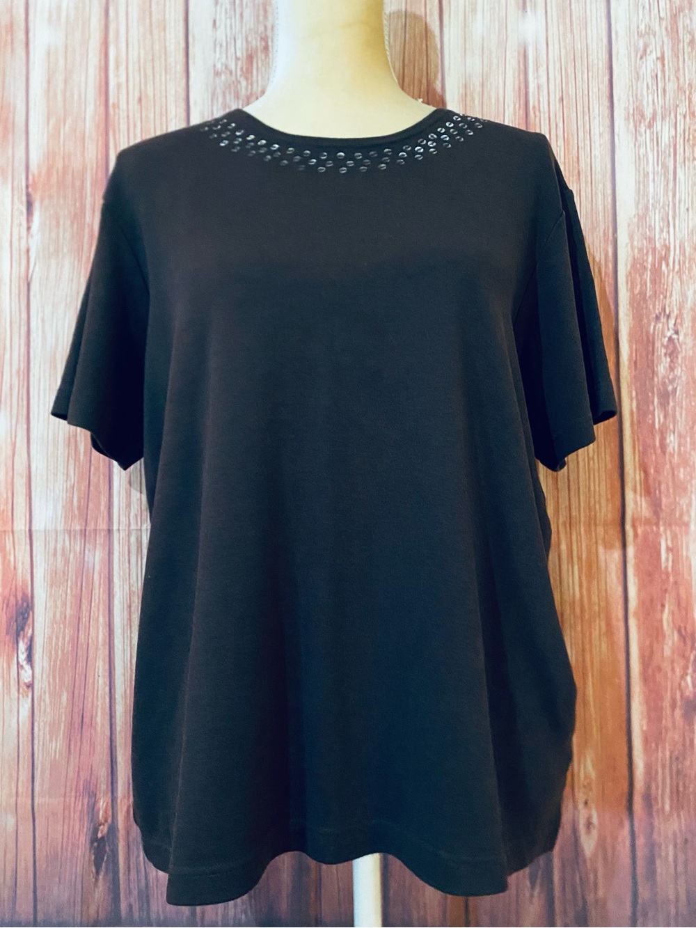 Women’s Large Blouse Quaker Factory Brown Short Sleeves Sequins Neck 100% Cotton